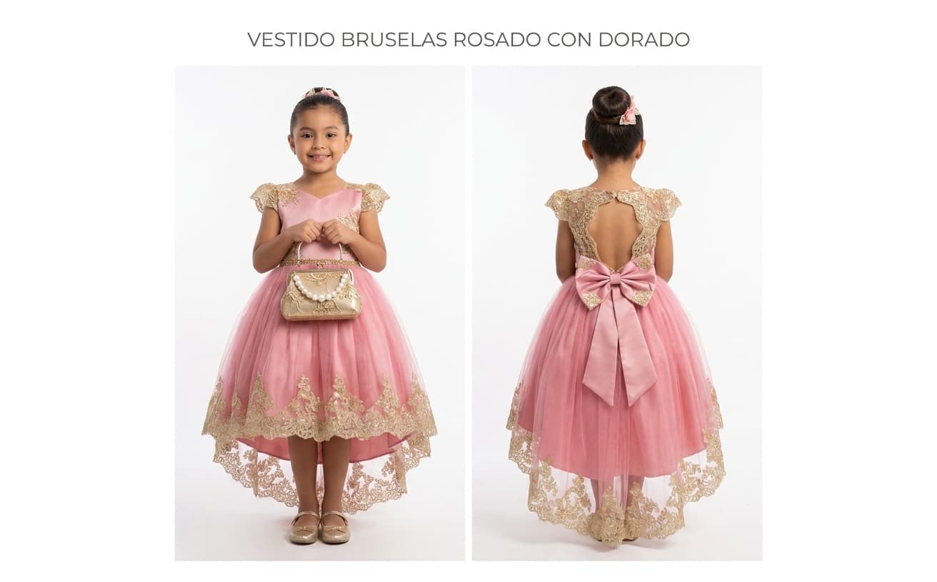 Vestido Bruselas Rosado con Dorado